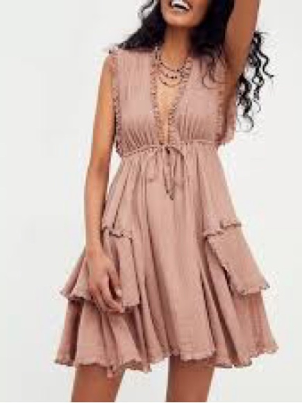 Free People Antoinette Tiered Gauze
Mini Dress Size Large Pebble Coyote